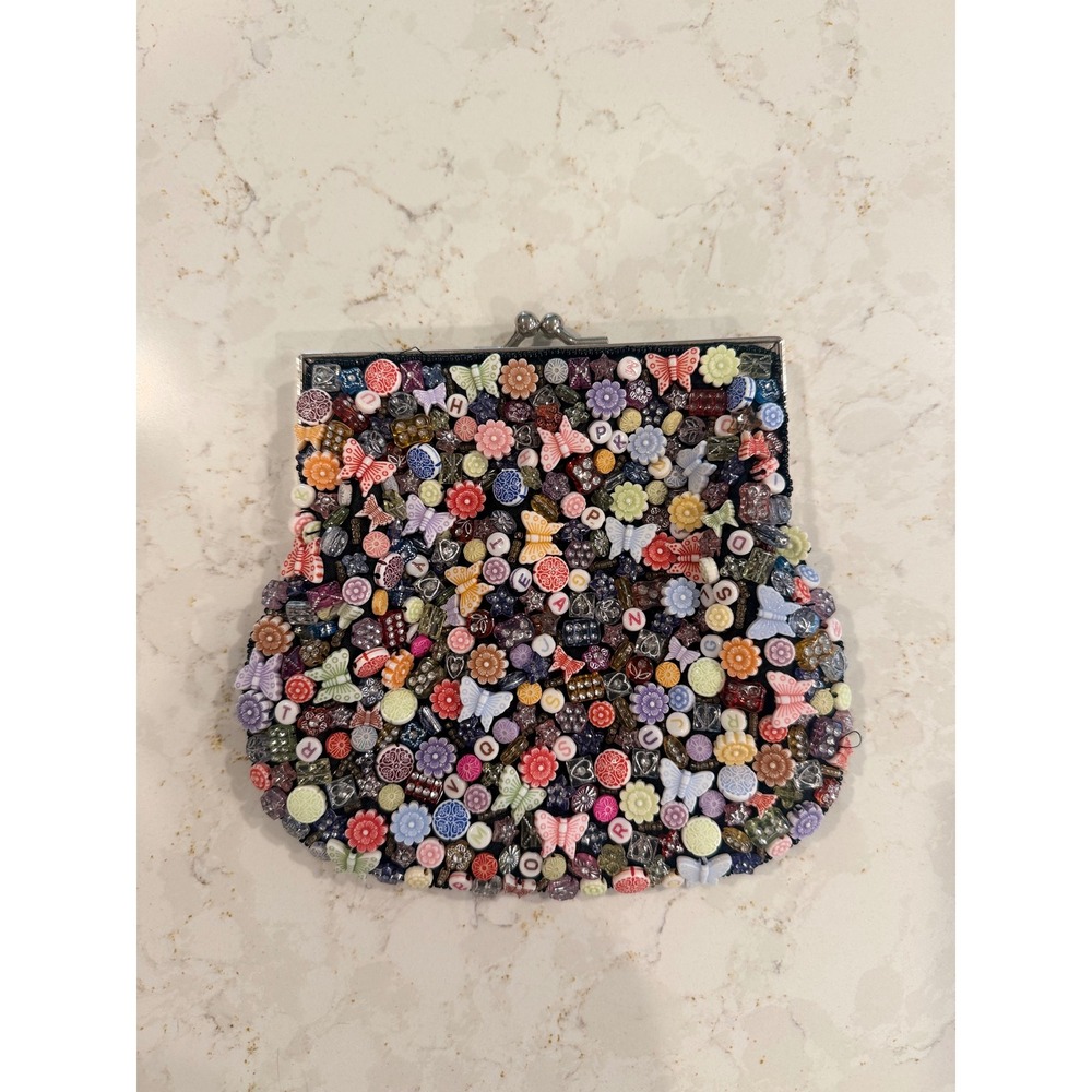 Sasha Handmade Beaded Butterfly Alphabet Charm Kiss Lock Clutch Bag Black Multi